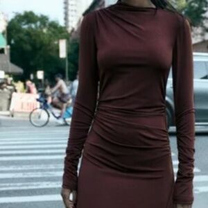 Zara brown long sleeves rushed sides stretchy midi dress
